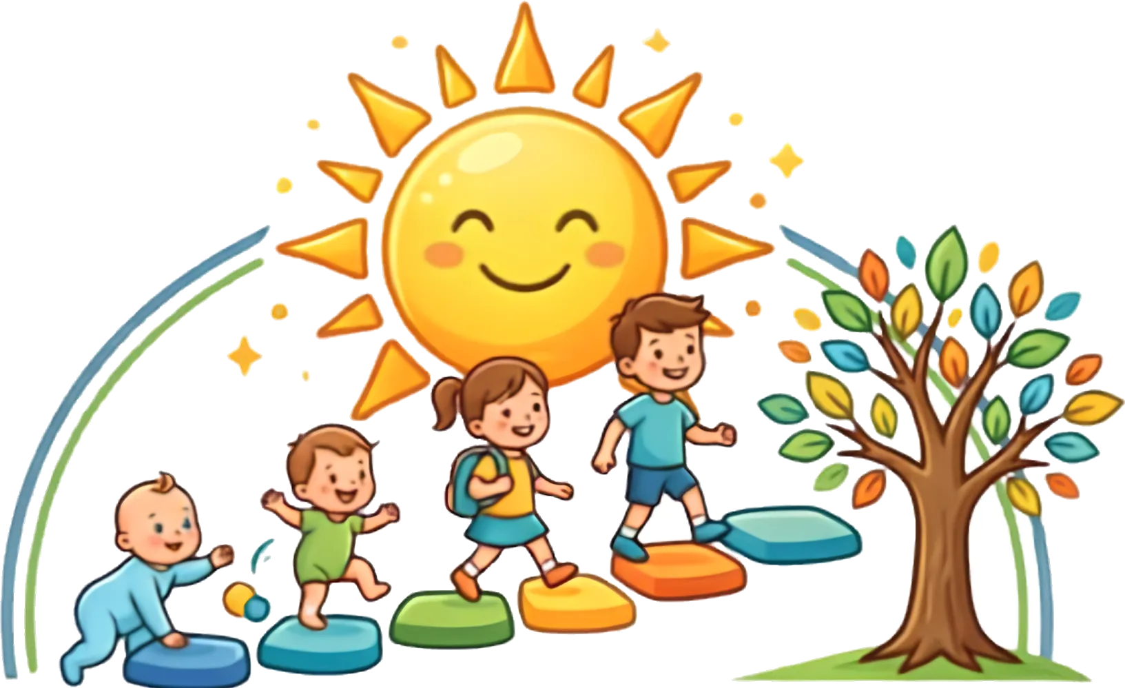 The Sunshine Steps logo: four children crossing four stepping stones — crawling, toddling, walking, then striding — beneath a smiling sun.